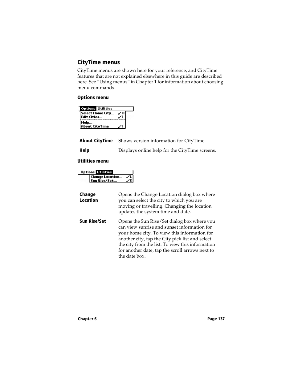 Citytime menus, Options menu, Utilities menu | Handspring Visor Deluxe Handheld User Manual | Page 145 / 282