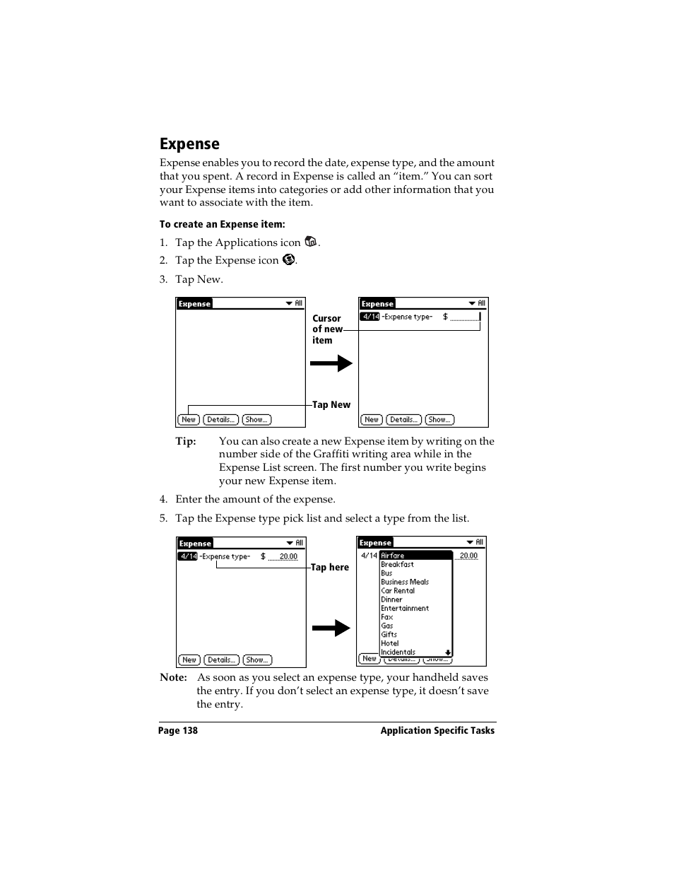 Expense, To create an expense item | Handspring Visor Deluxe Handheld User Manual | Page 146 / 282