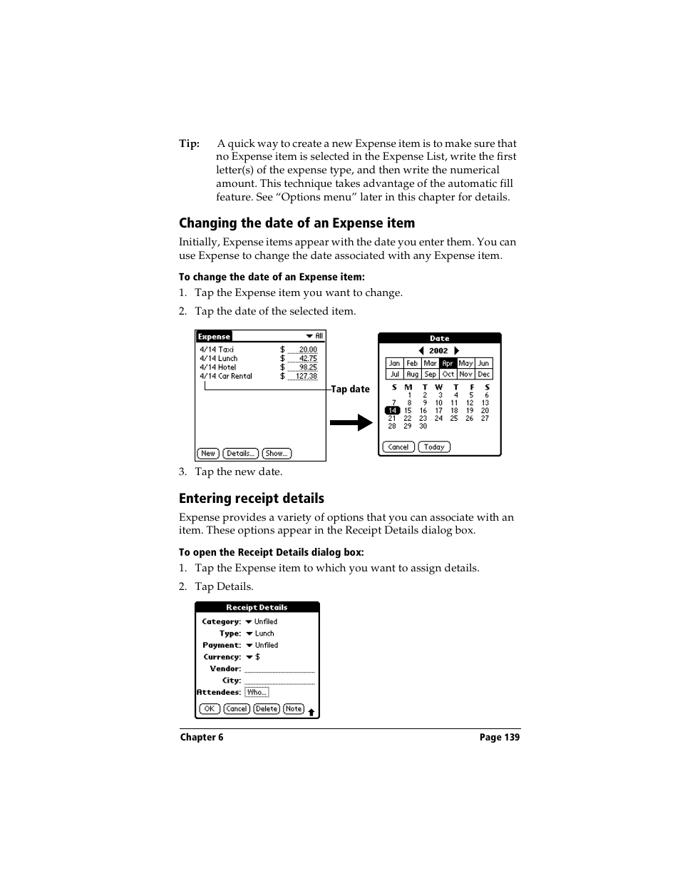 Changing the date of an expense item, To change the date of an expense item, Entering receipt details | To open the receipt details dialog box | Handspring Visor Deluxe Handheld User Manual | Page 147 / 282