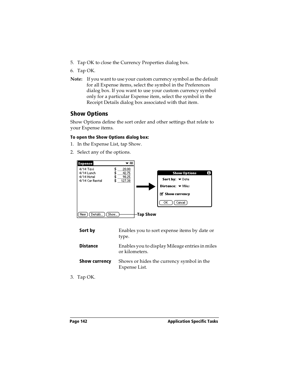 Show options, To open the show options dialog box | Handspring Visor Deluxe Handheld User Manual | Page 150 / 282