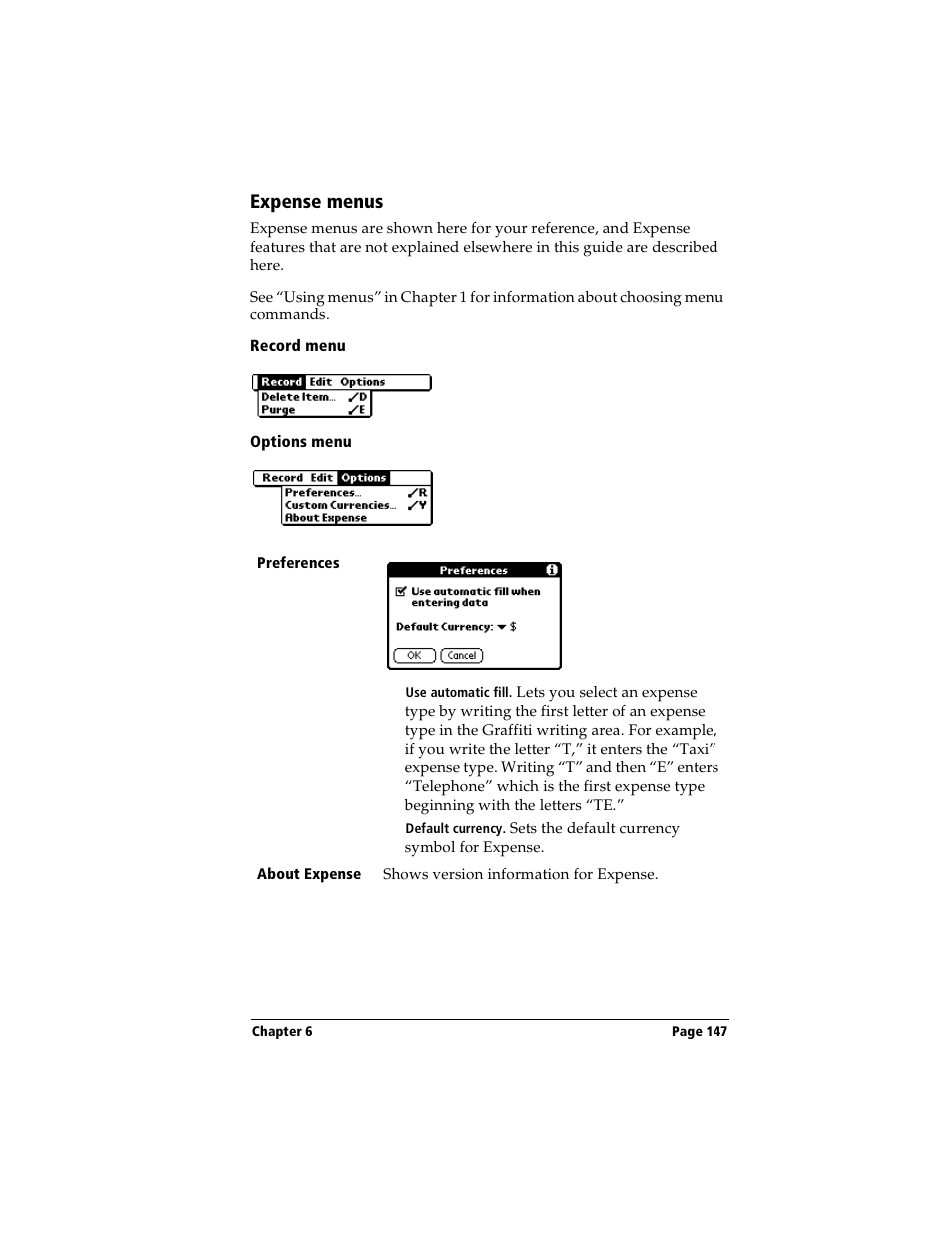 Expense menus, Record menu, Options menu | Options menu” l | Handspring Visor Deluxe Handheld User Manual | Page 155 / 282