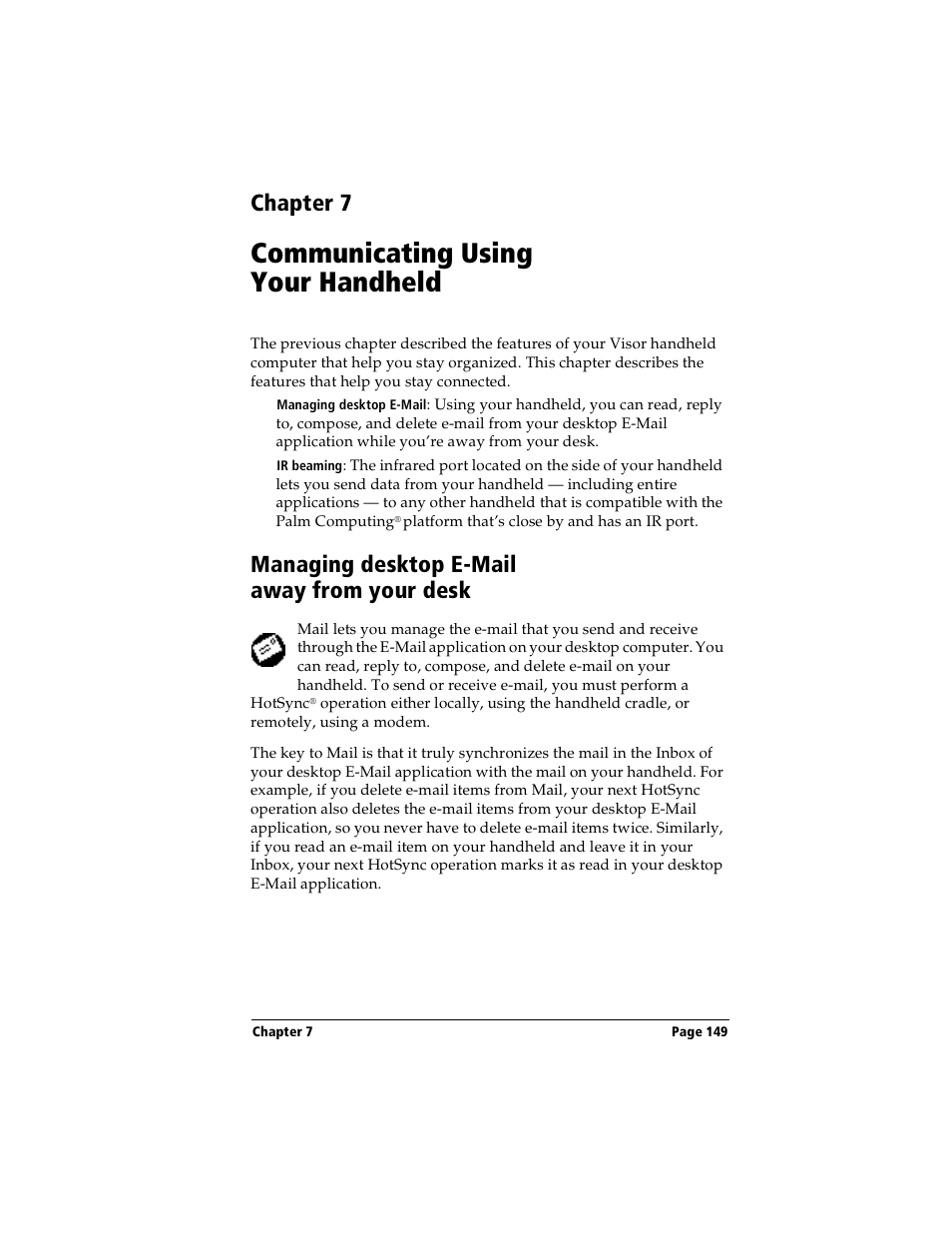 Communicating using your handheld, Managing desktop e-mail away from your desk, Chapter 7: communicating using your handheld | Chapter 7 | Handspring Visor Deluxe Handheld User Manual | Page 157 / 282