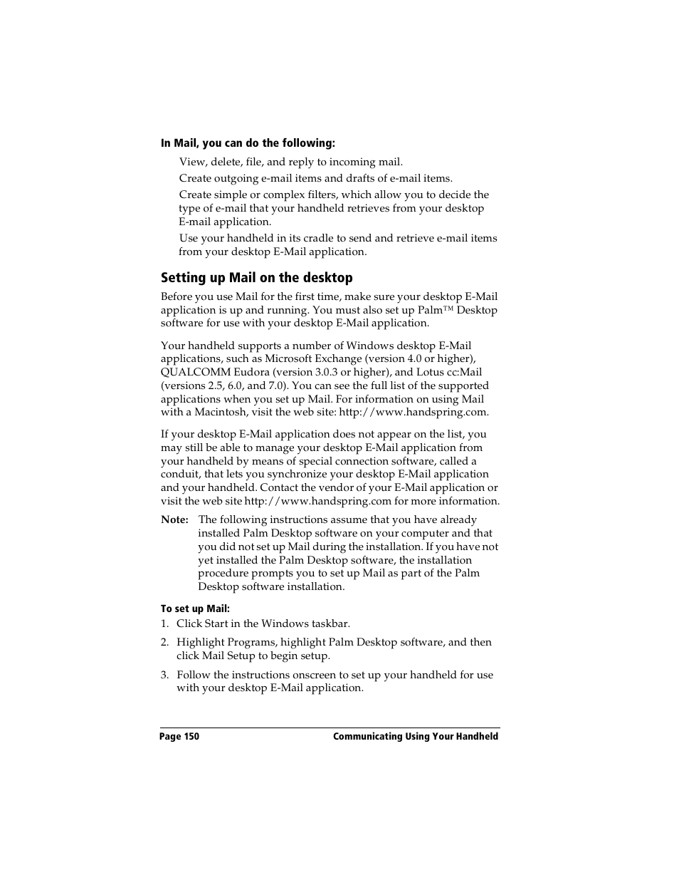 In mail, you can do the following, Setting up mail on the desktop, To set up mail | Handspring Visor Deluxe Handheld User Manual | Page 158 / 282