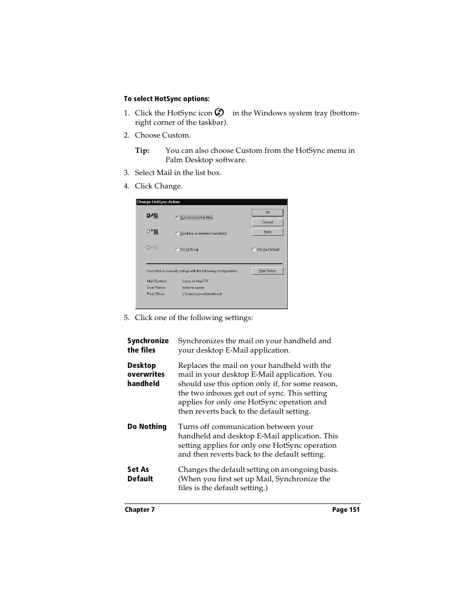 To select hotsync options | Handspring Visor Deluxe Handheld User Manual | Page 159 / 282