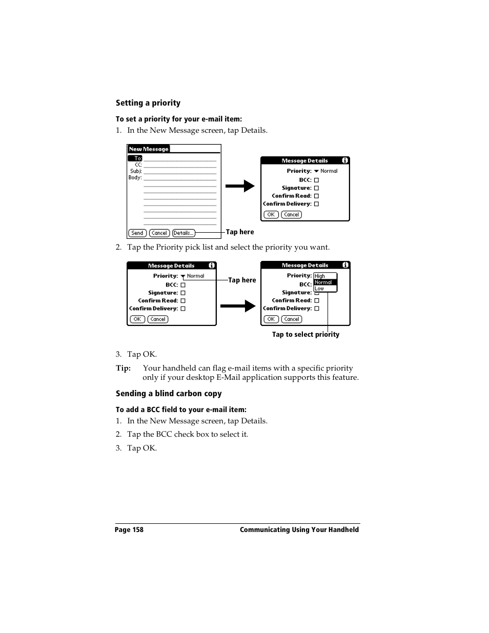 Setting a priority, To set a priority for your e-mail item, Sending a blind carbon copy | To add a bcc field to your e-mail item | Handspring Visor Deluxe Handheld User Manual | Page 166 / 282
