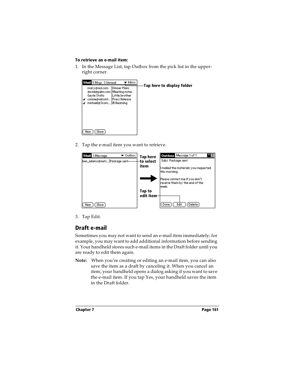 To retrieve an e-mail item, Draft e-mail | Handspring Visor Deluxe Handheld User Manual | Page 169 / 282