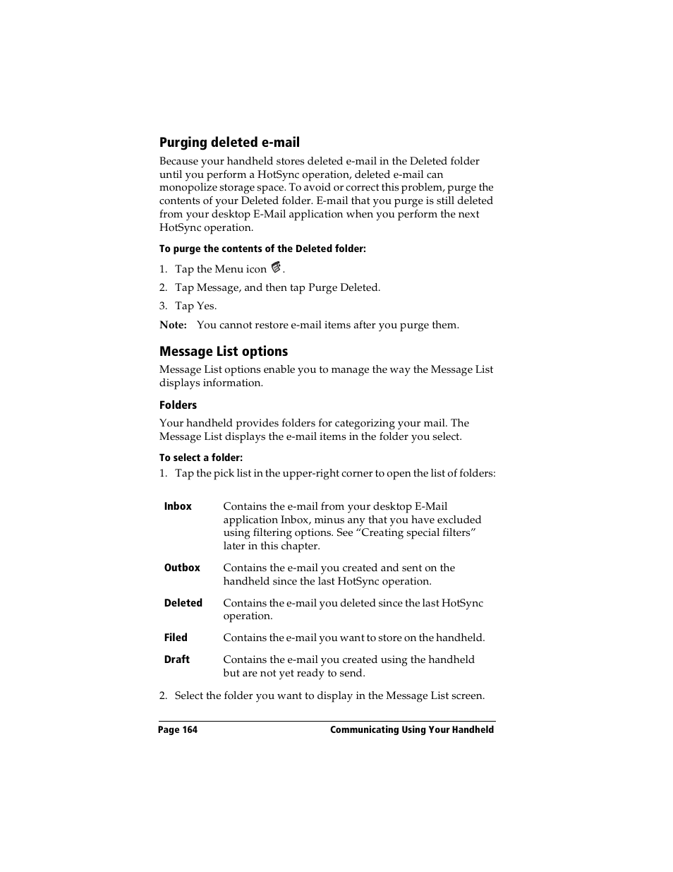 Purging deleted e-mail, To purge the contents of the deleted folder, Message list options | Folders, To select a folder, Purging deleted e-mail message list options | Handspring Visor Deluxe Handheld User Manual | Page 172 / 282