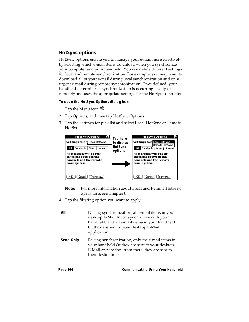 Hotsync options, To open the hotsync options dialog box | Handspring Visor Deluxe Handheld User Manual | Page 174 / 282