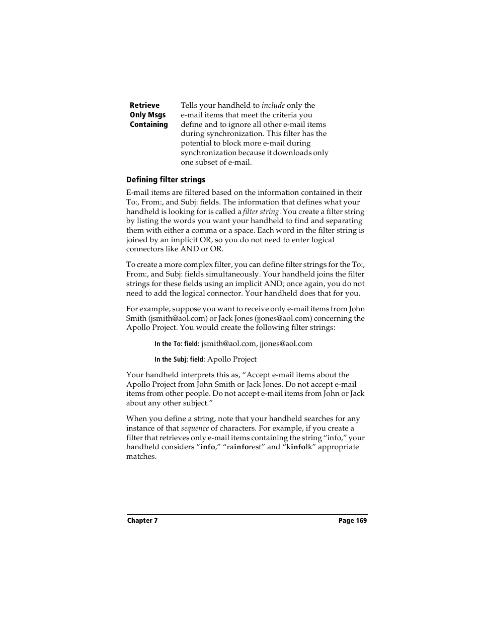 Defining filter strings | Handspring Visor Deluxe Handheld User Manual | Page 177 / 282