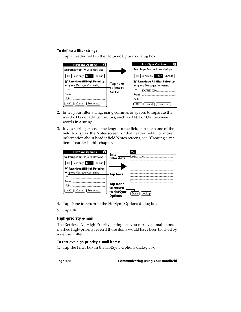 To define a filter string, High-priority e-mail, To retrieve high-priority e-mail items | Handspring Visor Deluxe Handheld User Manual | Page 178 / 282