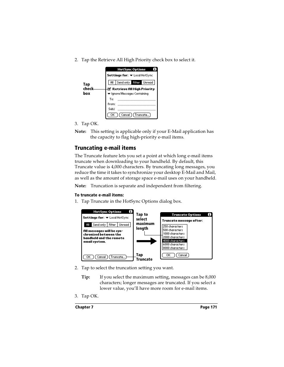 Truncating e-mail items, To truncate e-mail items | Handspring Visor Deluxe Handheld User Manual | Page 179 / 282