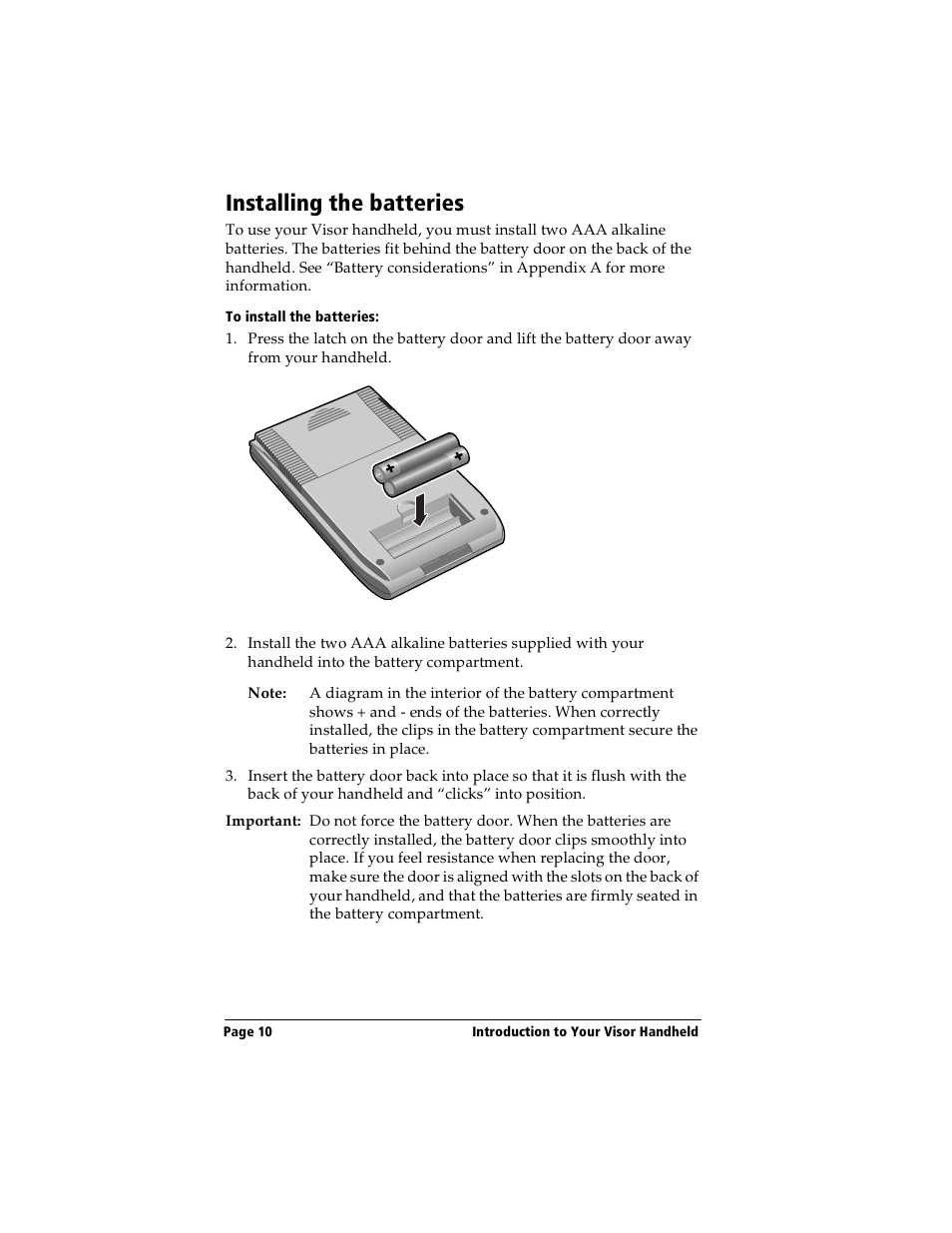 Installing the batteries, To install the batteries | Handspring Visor Deluxe Handheld User Manual | Page 18 / 282