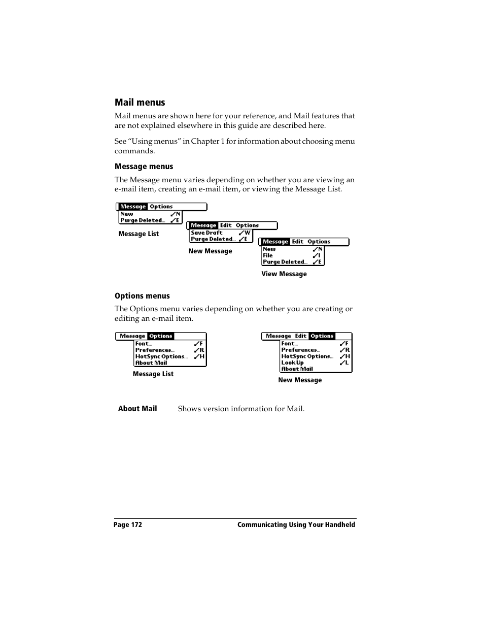 Mail menus, Message menus, Options menus | Handspring Visor Deluxe Handheld User Manual | Page 180 / 282