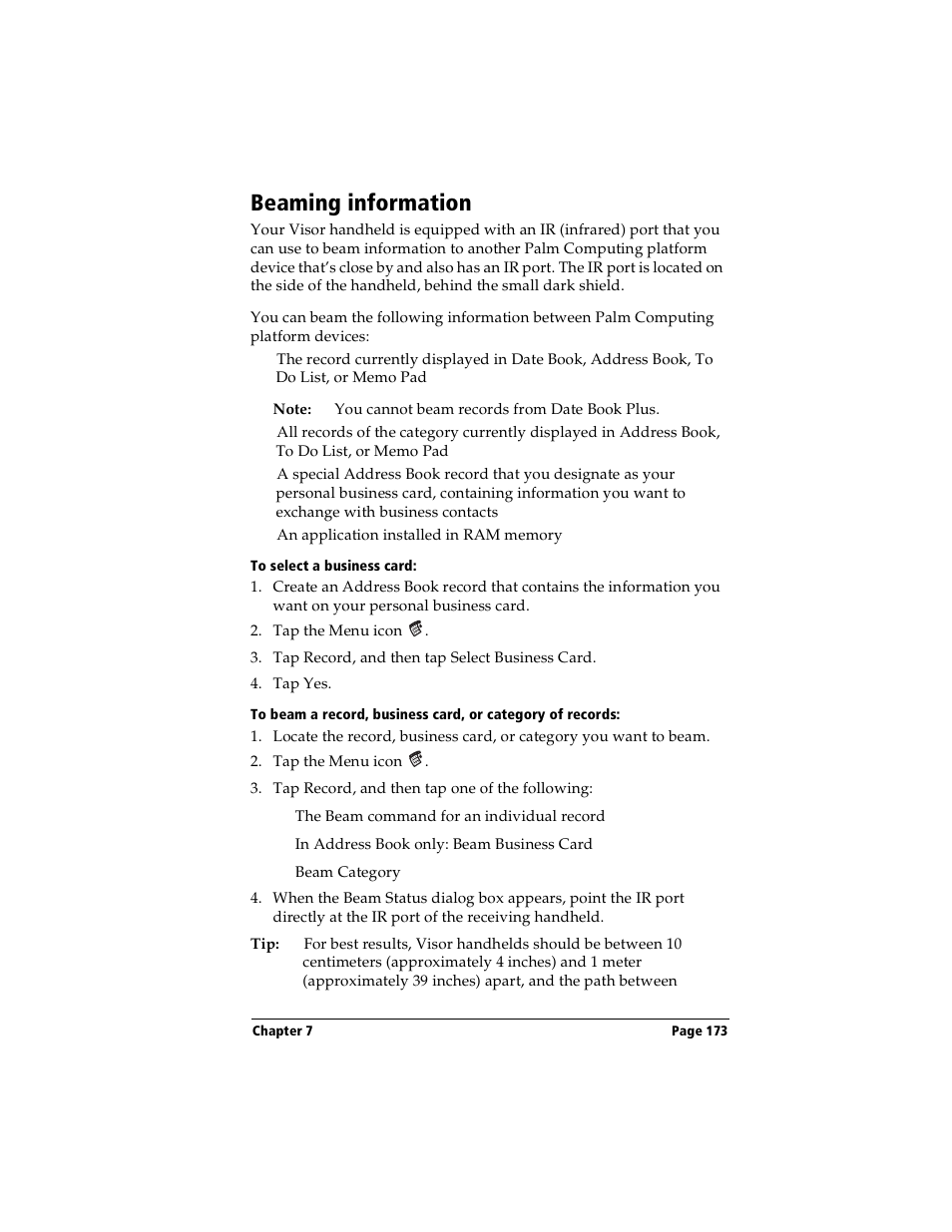 Beaming information, To select a business card, Deleting a shortcut | Handspring Visor Deluxe Handheld User Manual | Page 181 / 282