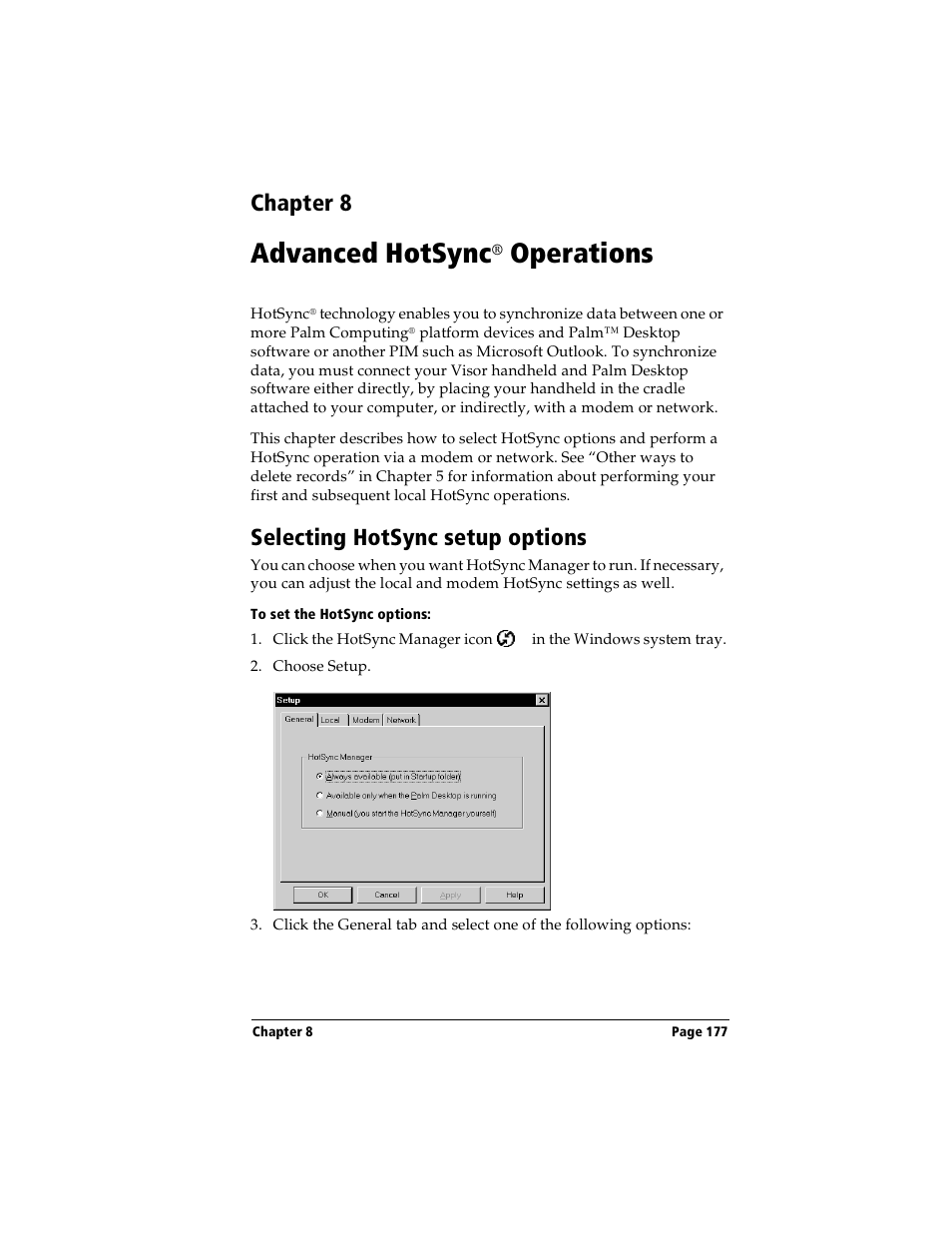 Advanced hotsync® operations, Selecting hotsync setup options, To set the hotsync options | Chapter 8: advanced hotsync® operations, See chapter 8, Advanced hotsync, Operations, Chapter 8 | Handspring Visor Deluxe Handheld User Manual | Page 185 / 282