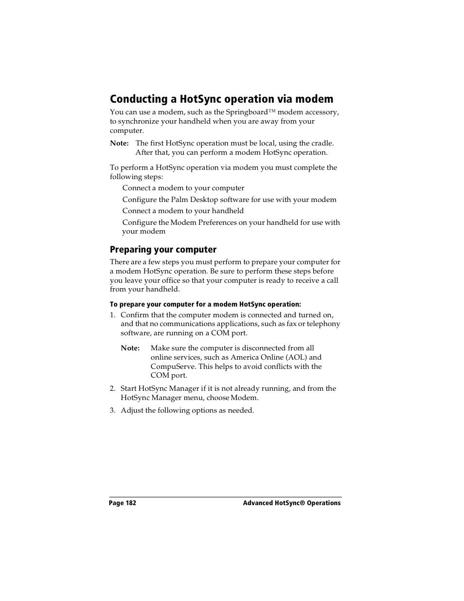 Conducting a hotsync operation via modem, Preparing your computer | Handspring Visor Deluxe Handheld User Manual | Page 190 / 282
