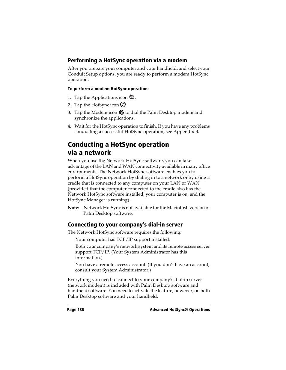Performing a hotsync operation via a modem, To perform a modem hotsync operation, Conducting a hotsync operation via a network | Connecting to your company’s dial-in server | Handspring Visor Deluxe Handheld User Manual | Page 194 / 282