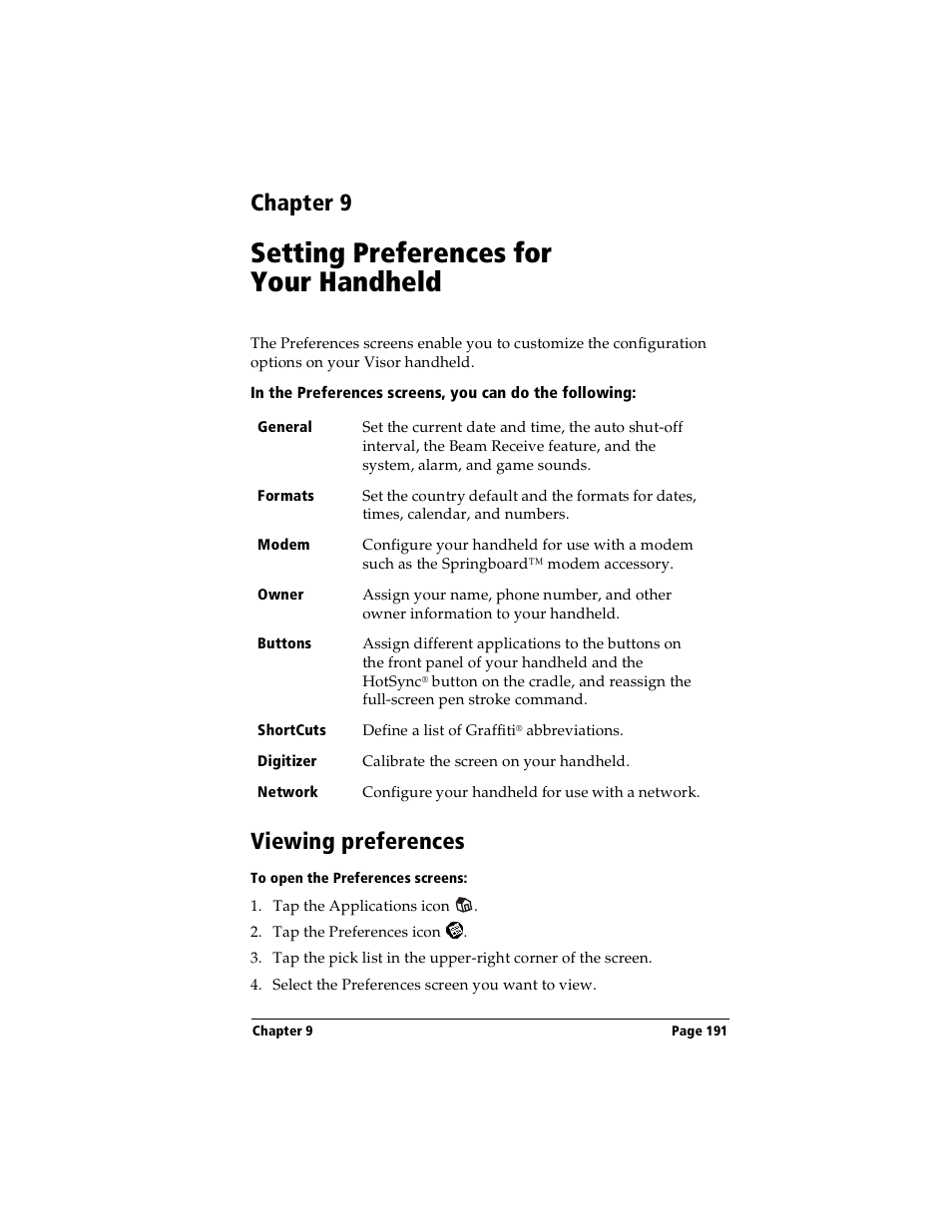 Setting preferences for your handheld, Viewing preferences, To open the preferences screens | Chapter 9: setting preferences for your handheld, Chapter 9 | Handspring Visor Deluxe Handheld User Manual | Page 199 / 282