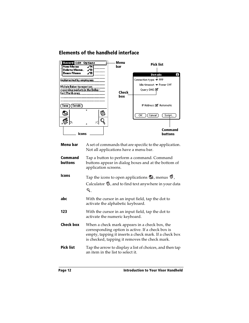 Elements of the handheld interface | Handspring Visor Deluxe Handheld User Manual | Page 20 / 282