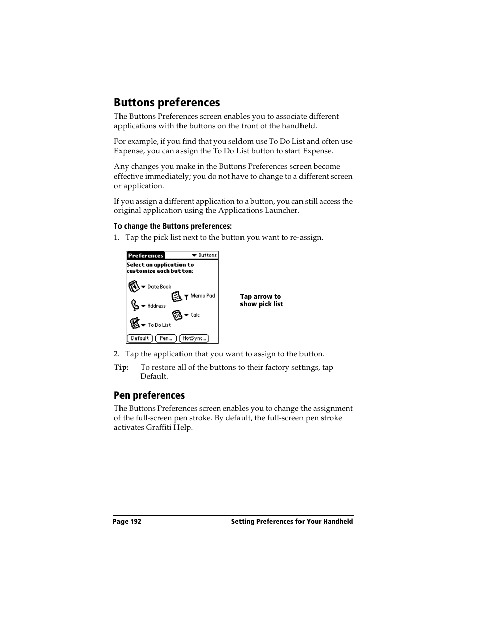 Buttons preferences, To change the buttons preferences, Pen preferences | Handspring Visor Deluxe Handheld User Manual | Page 200 / 282