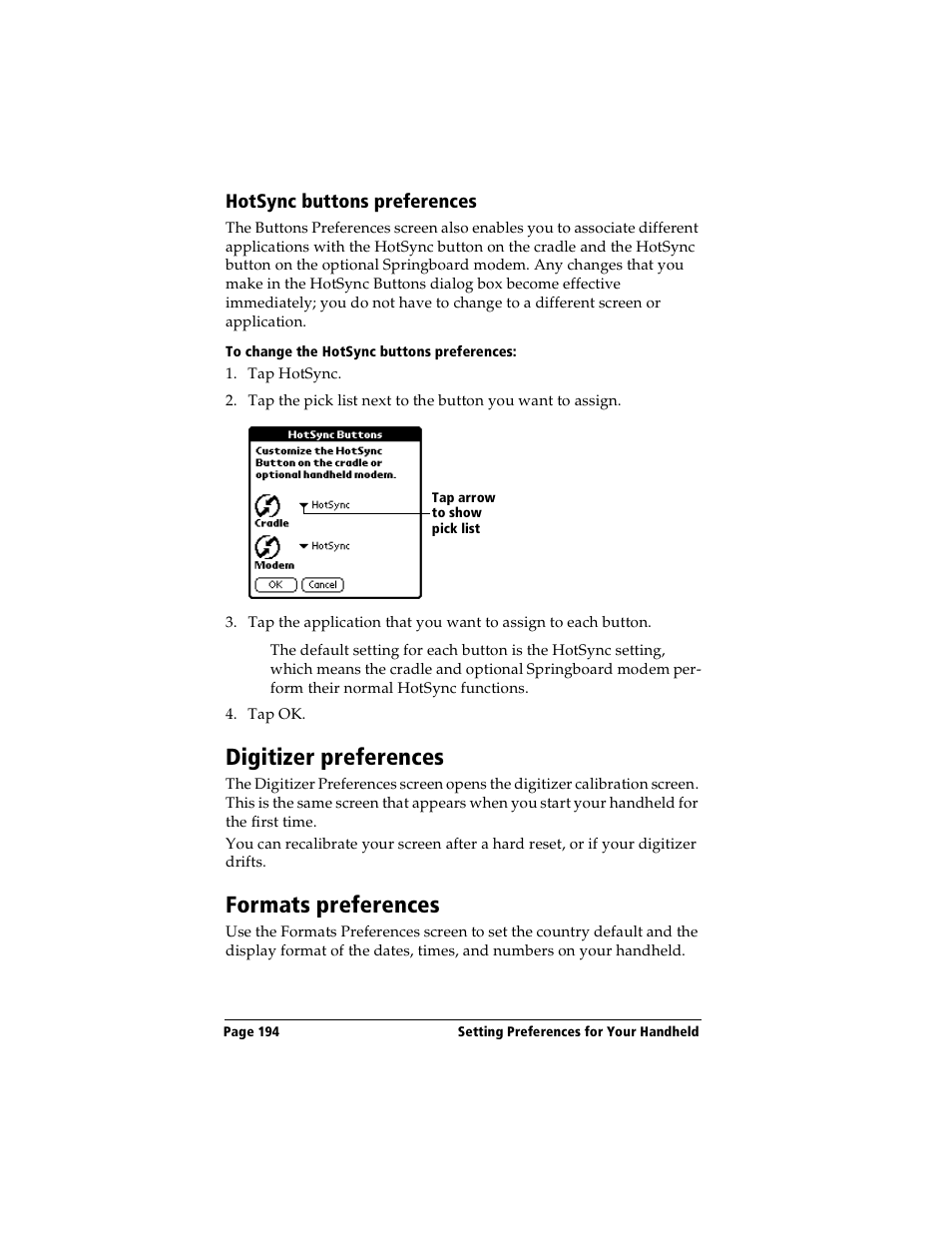 Hotsync buttons preferences, To change the hotsync buttons preferences, Digitizer preferences | Formats preferences, Digitizer preferences formats preferences | Handspring Visor Deluxe Handheld User Manual | Page 202 / 282
