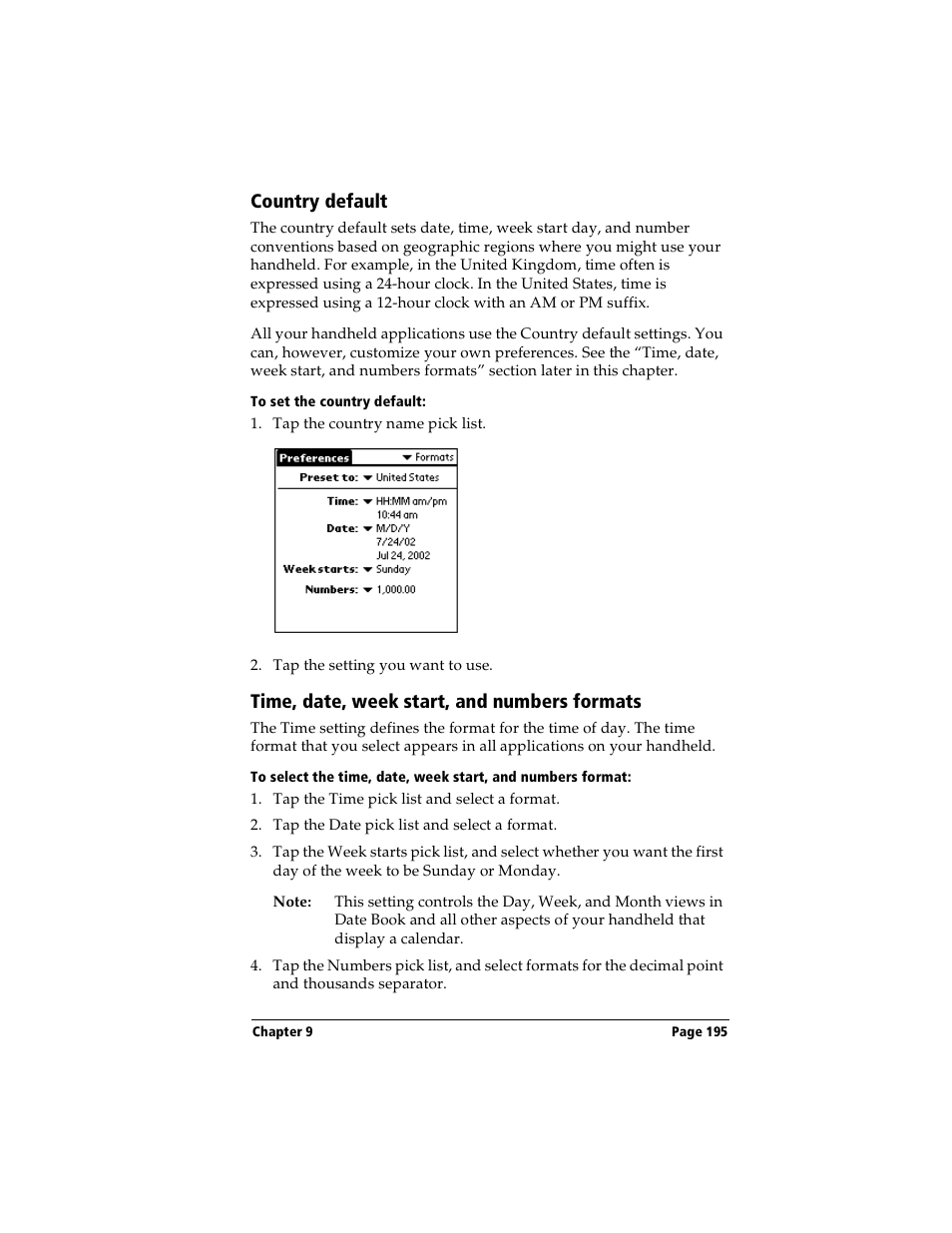 Country default, To set the country default, Time, date, week start, and numbers formats | Handspring Visor Deluxe Handheld User Manual | Page 203 / 282