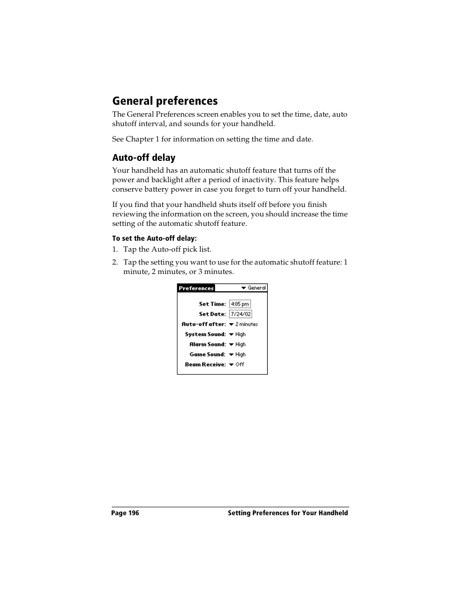 General preferences, Auto-off delay, To set the auto-off delay | Handspring Visor Deluxe Handheld User Manual | Page 204 / 282