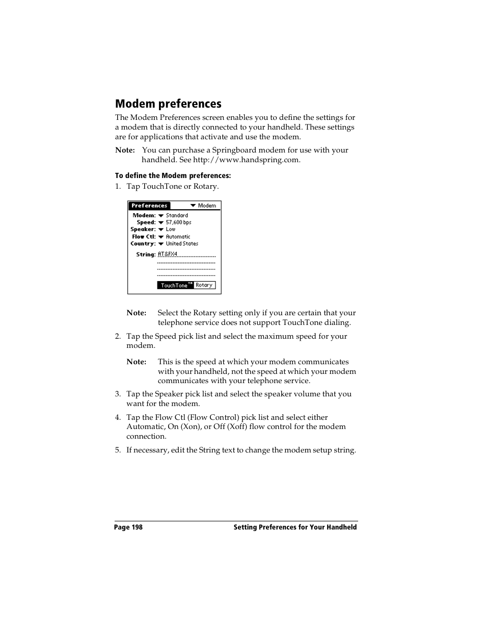 Modem preferences, To define the modem preferences | Handspring Visor Deluxe Handheld User Manual | Page 206 / 282