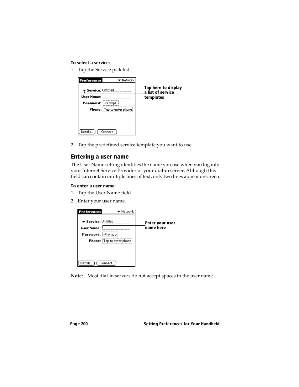 To select a service, Entering a user name, To enter a user name | Handspring Visor Deluxe Handheld User Manual | Page 208 / 282