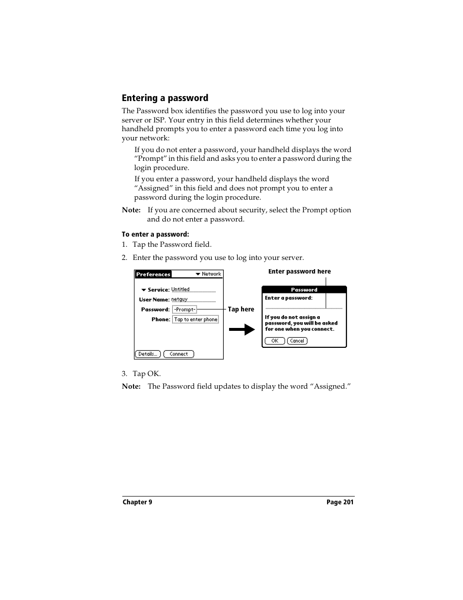 Entering a password, To enter a password | Handspring Visor Deluxe Handheld User Manual | Page 209 / 282