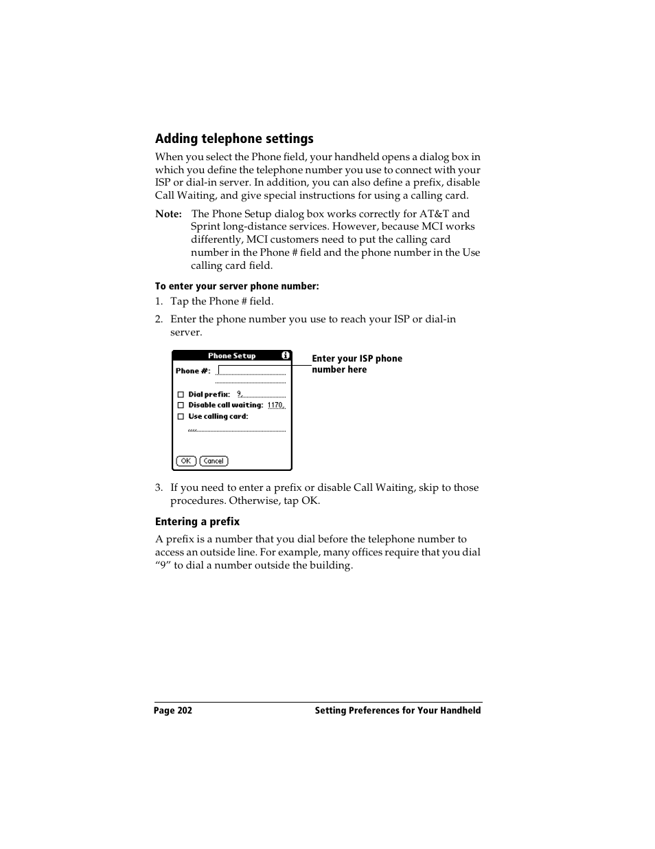 Adding telephone settings, To enter your server phone number, Entering a prefix | Handspring Visor Deluxe Handheld User Manual | Page 210 / 282