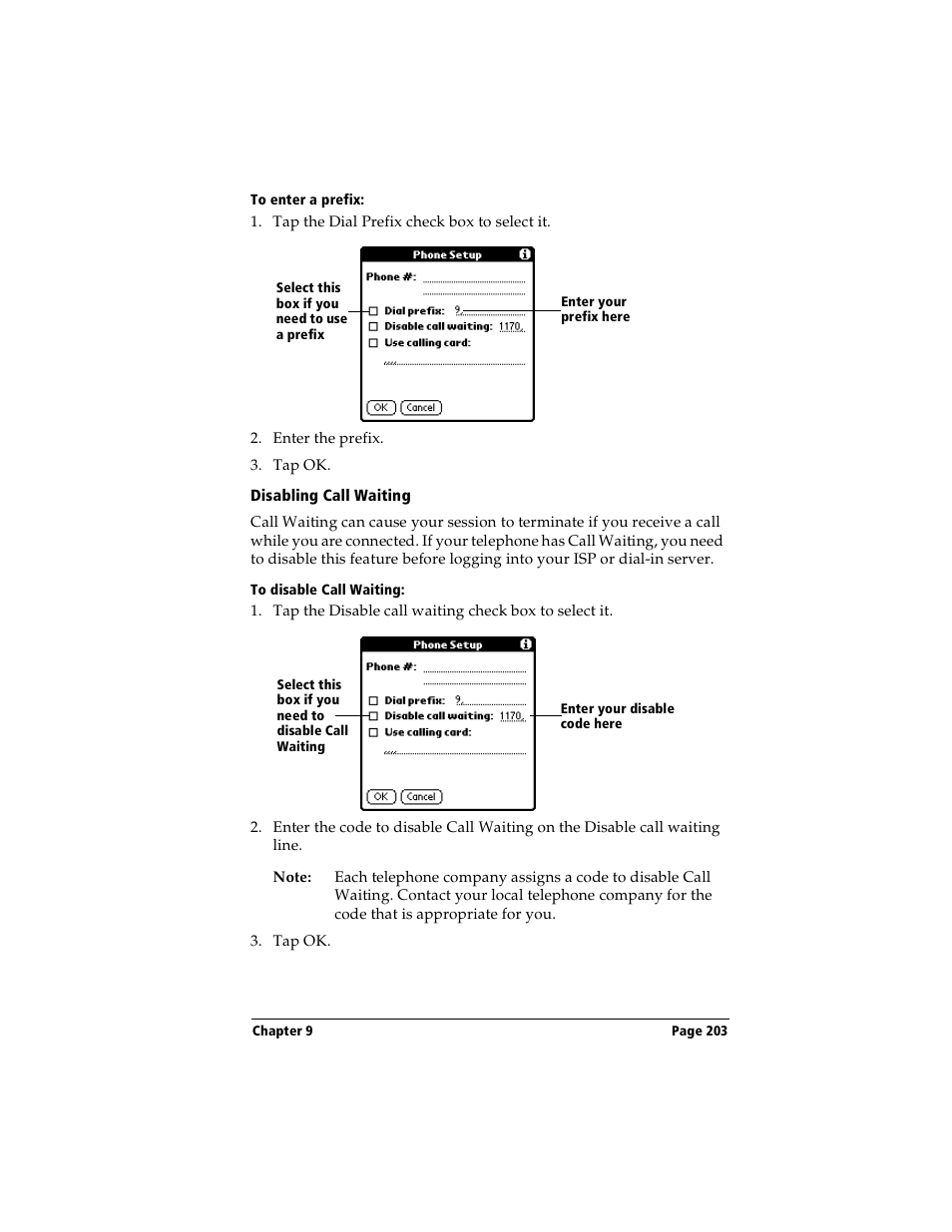 To enter a prefix, Disabling call waiting, To disable call waiting | Handspring Visor Deluxe Handheld User Manual | Page 211 / 282