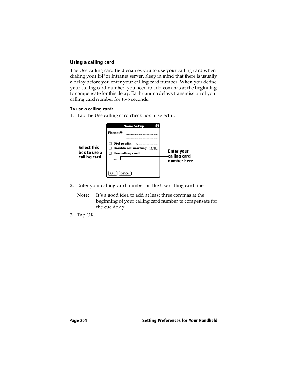 Using a calling card, To use a calling card | Handspring Visor Deluxe Handheld User Manual | Page 212 / 282