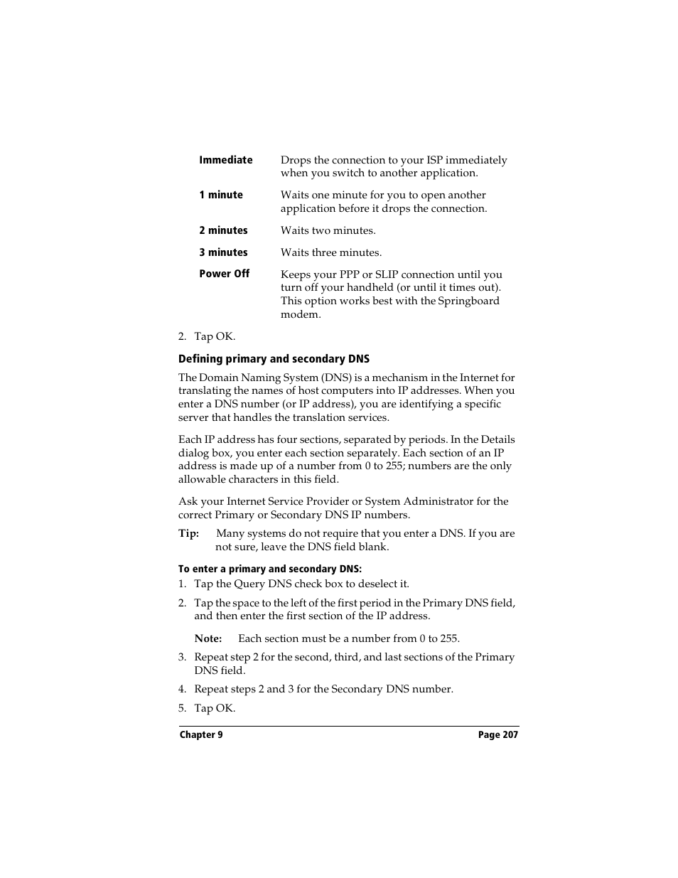 Defining primary and secondary dns, To enter a primary and secondary dns | Handspring Visor Deluxe Handheld User Manual | Page 215 / 282