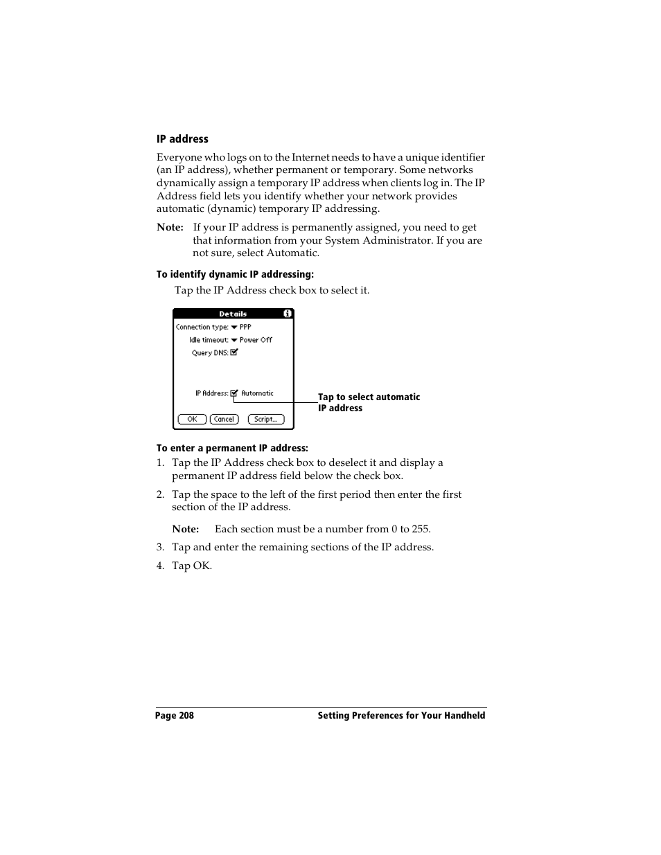Ip address, To identify dynamic ip addressing, To enter a permanent ip address | Handspring Visor Deluxe Handheld User Manual | Page 216 / 282