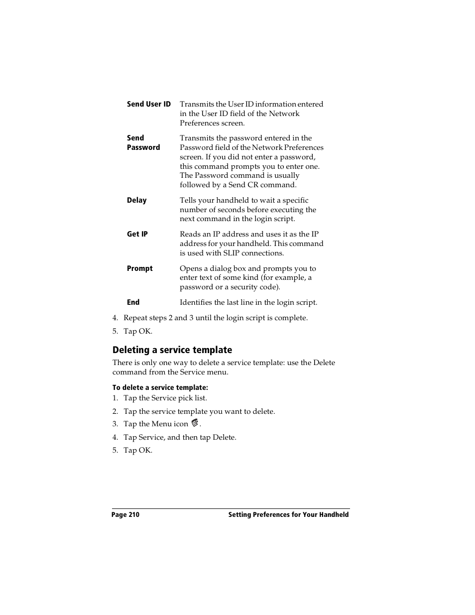 Deleting a service template, To delete a service template | Handspring Visor Deluxe Handheld User Manual | Page 218 / 282