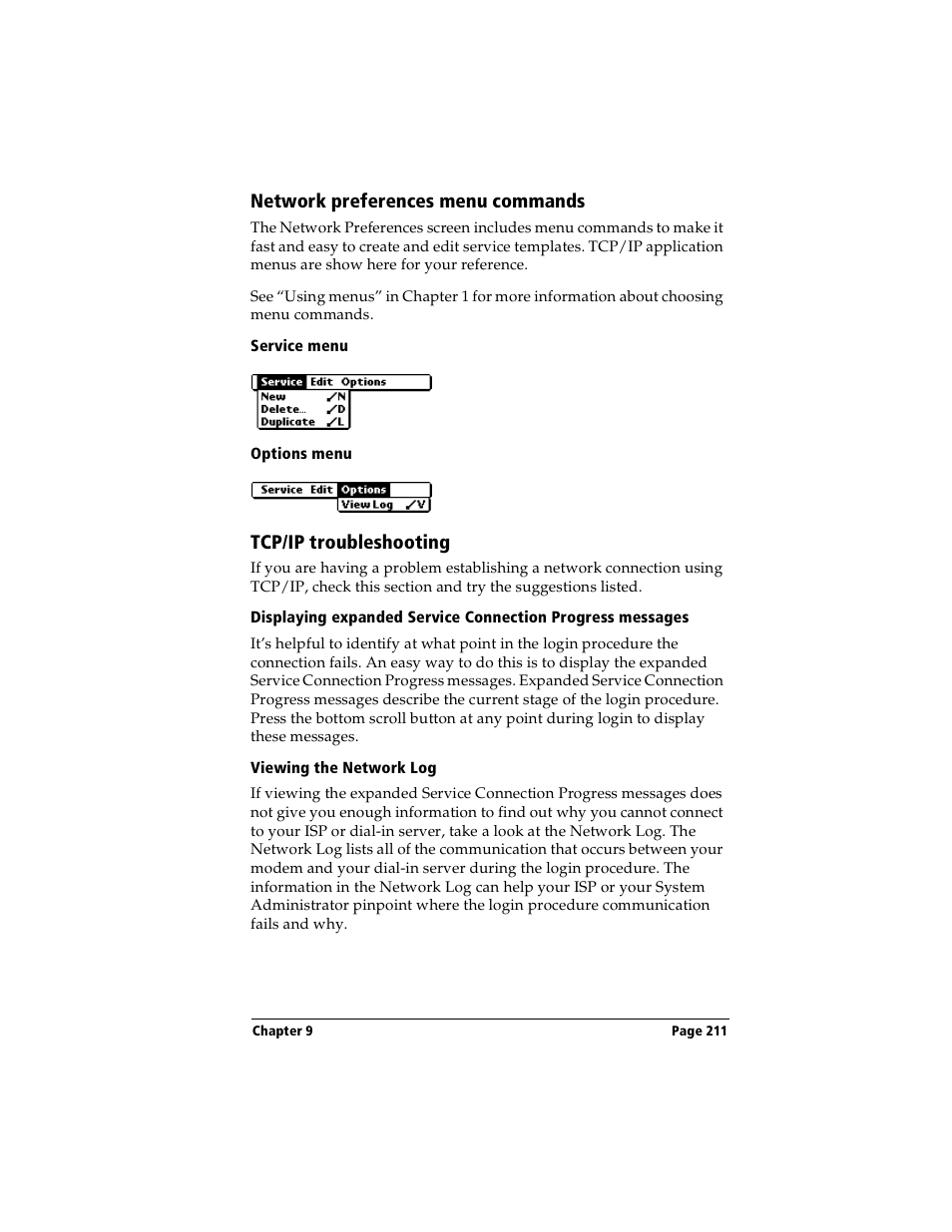 Network preferences menu commands, Service menu, Options menu | Tcp/ip troubleshooting, Viewing the network log | Handspring Visor Deluxe Handheld User Manual | Page 219 / 282