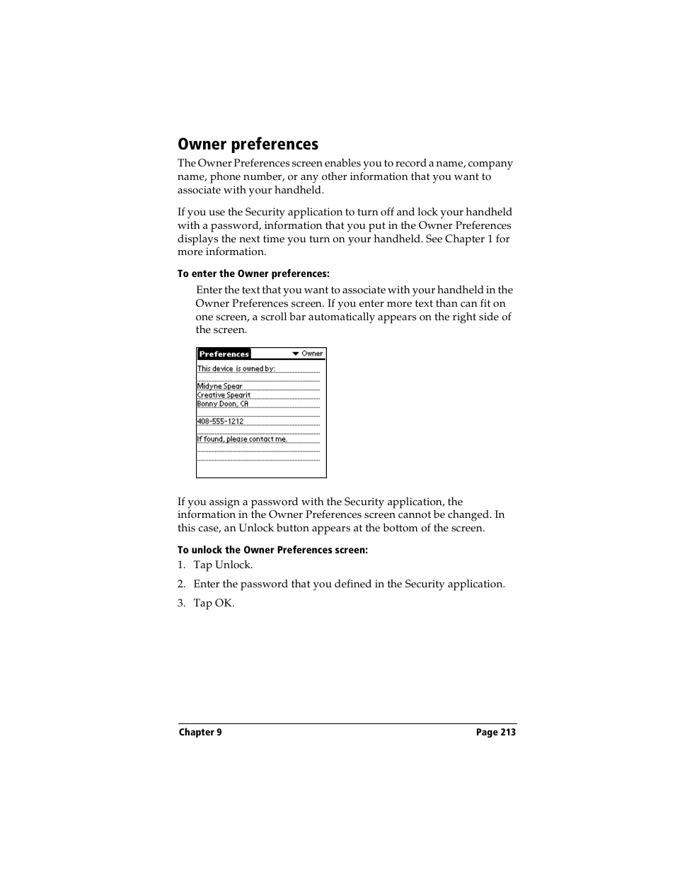 Owner preferences, To enter the owner preferences, To unlock the owner preferences screen | Handspring Visor Deluxe Handheld User Manual | Page 221 / 282