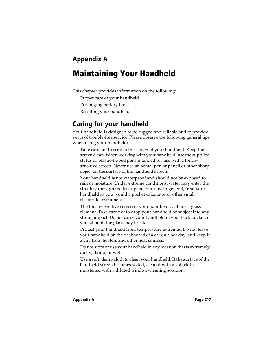 Maintaining your handheld, Caring for your handheld, Appendix a: maintaining your handheld | Appendix a | Handspring Visor Deluxe Handheld User Manual | Page 225 / 282