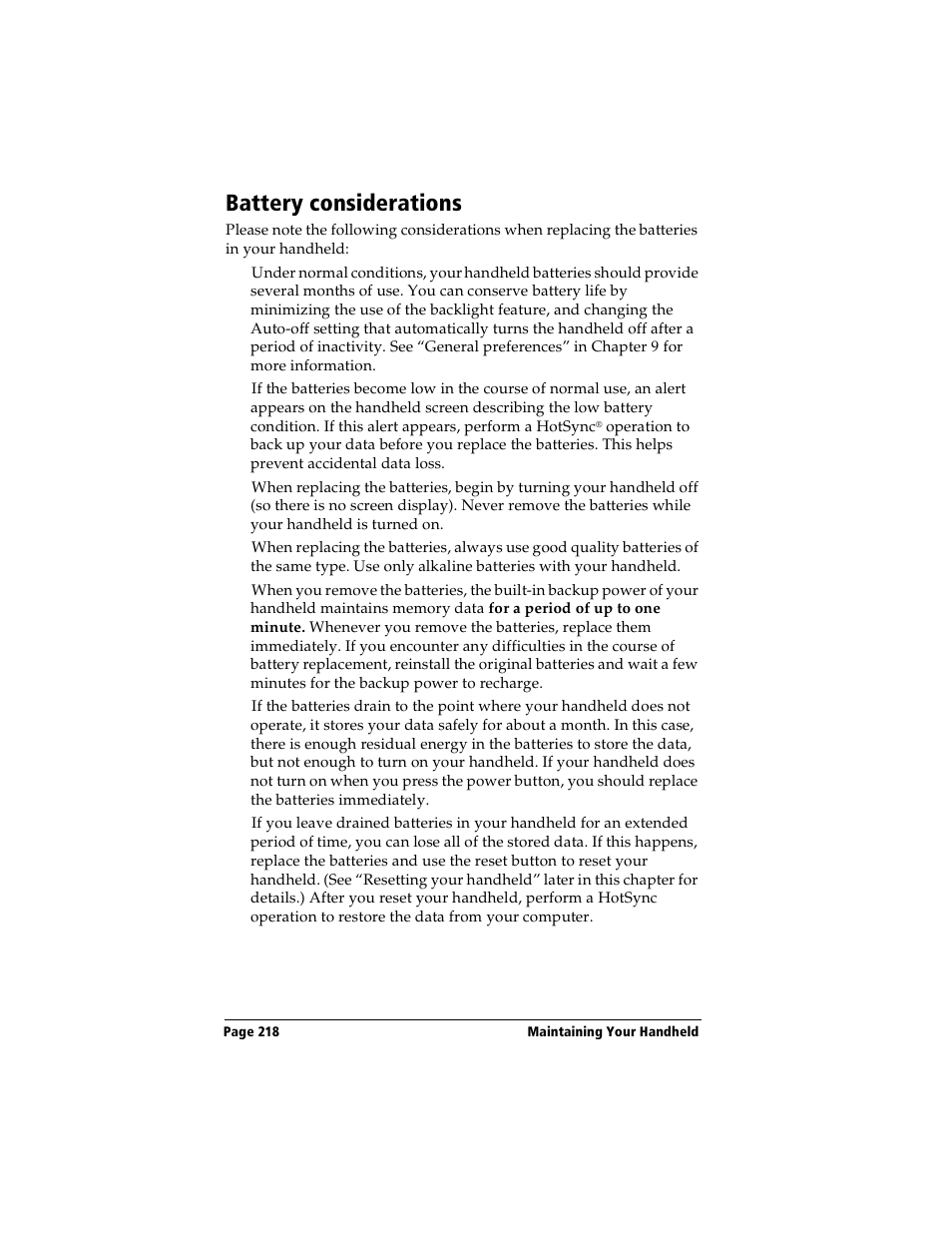 Battery considerations | Handspring Visor Deluxe Handheld User Manual | Page 226 / 282