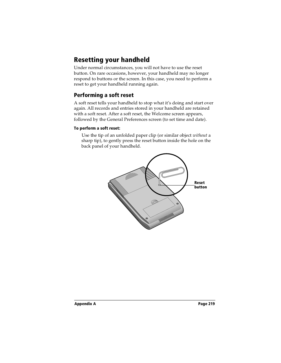 Resetting your handheld, Performing a soft reset, To perform a soft reset | Handspring Visor Deluxe Handheld User Manual | Page 227 / 282