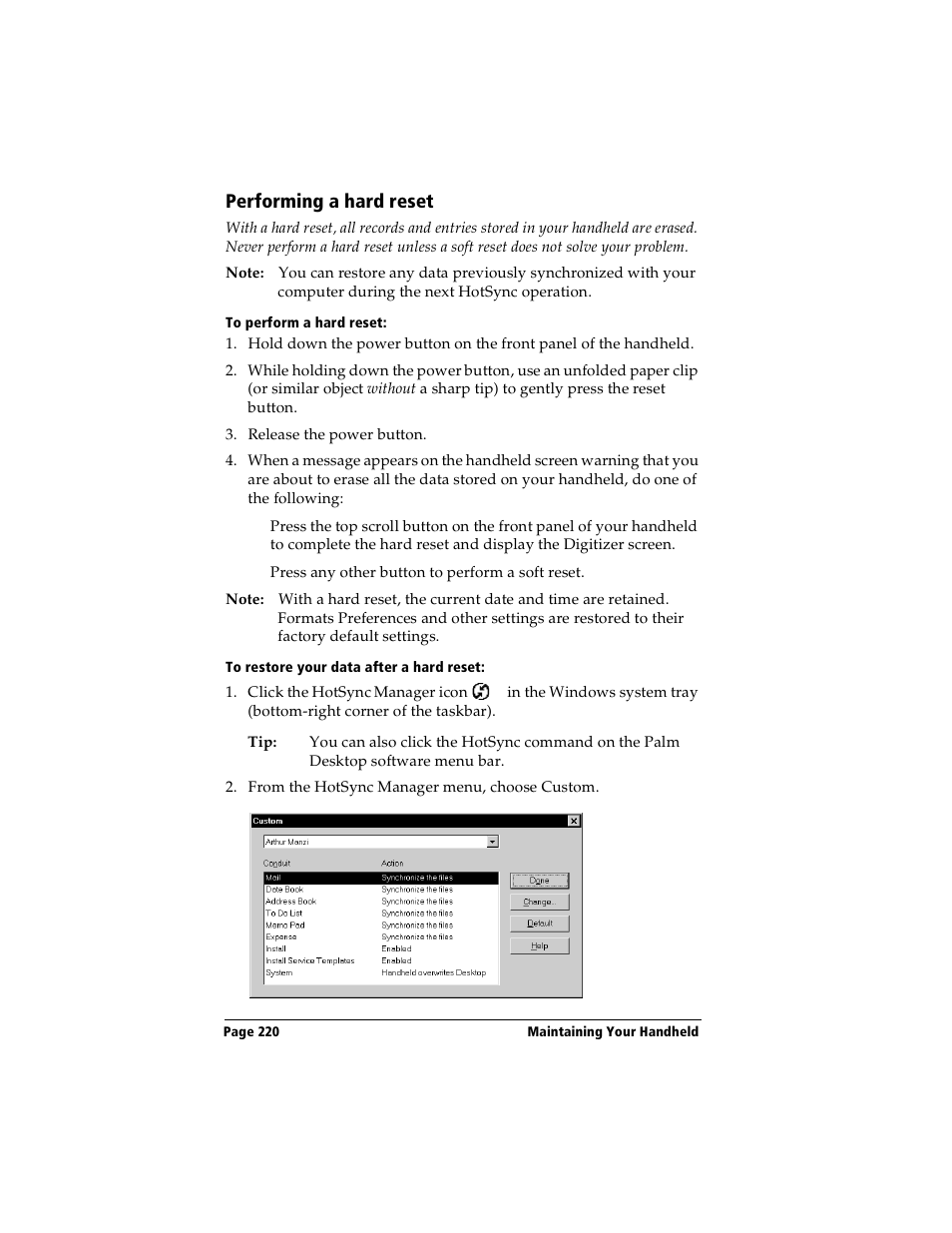 Performing a hard reset, To perform a hard reset, To restore your data after a hard reset | Handspring Visor Deluxe Handheld User Manual | Page 228 / 282