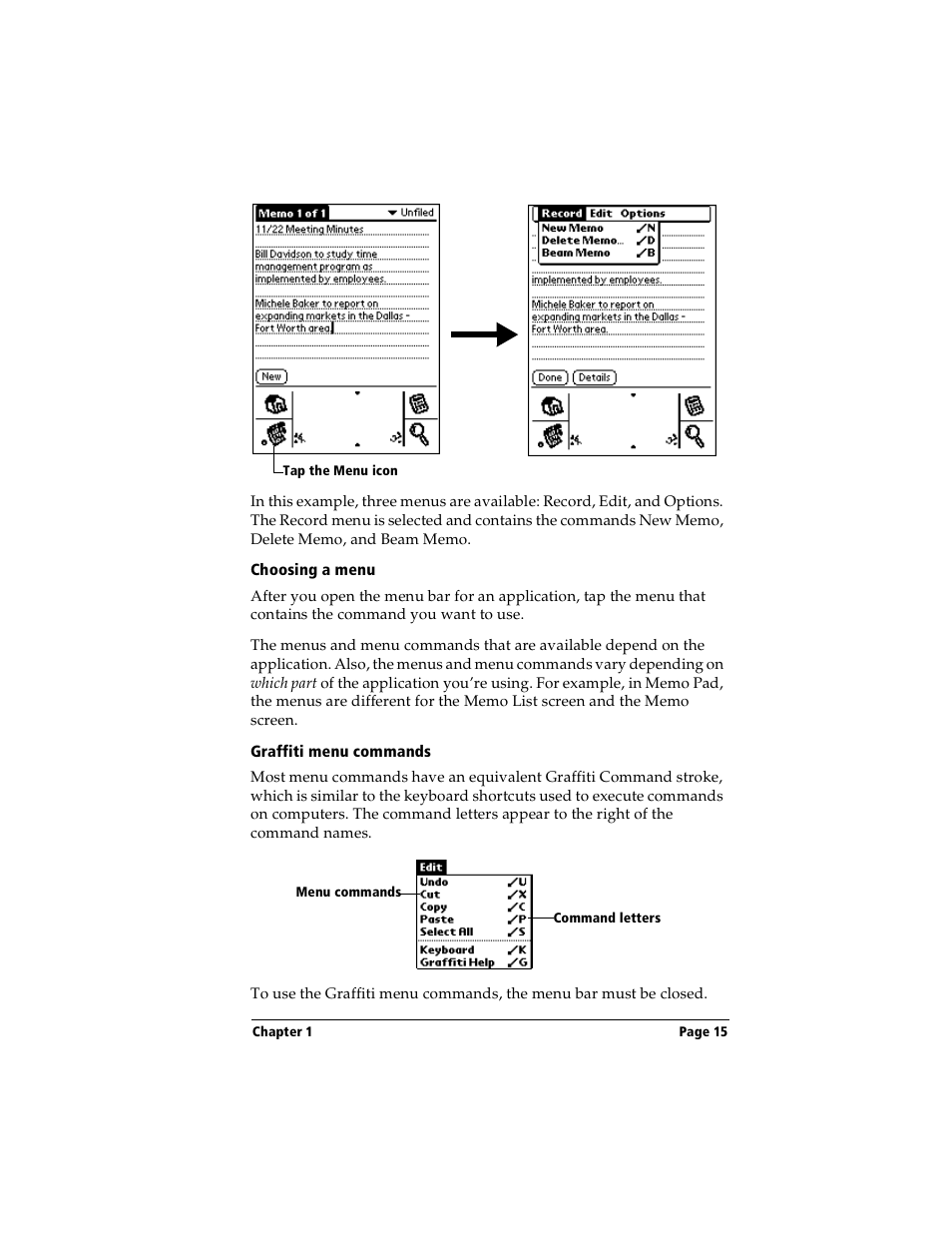 Choosing a menu, Graffiti menu commands | Handspring Visor Deluxe Handheld User Manual | Page 23 / 282