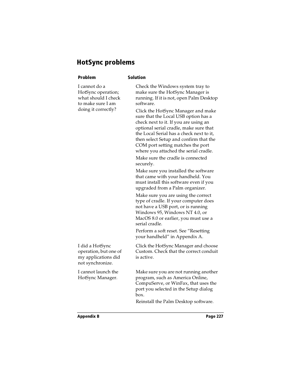Hotsync problems | Handspring Visor Deluxe Handheld User Manual | Page 235 / 282