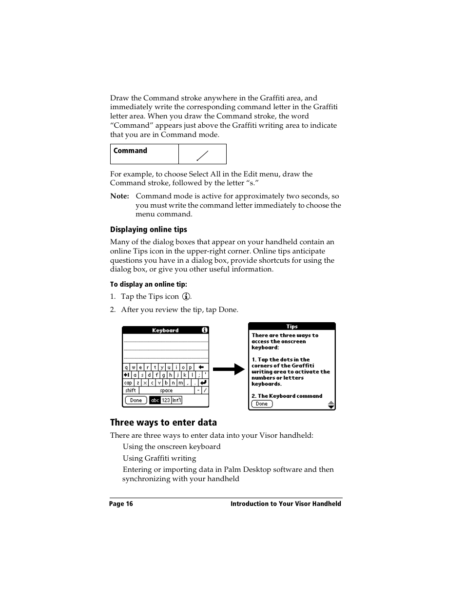 Displaying online tips, To display an online tip, Three ways to enter data | Handspring Visor Deluxe Handheld User Manual | Page 24 / 282