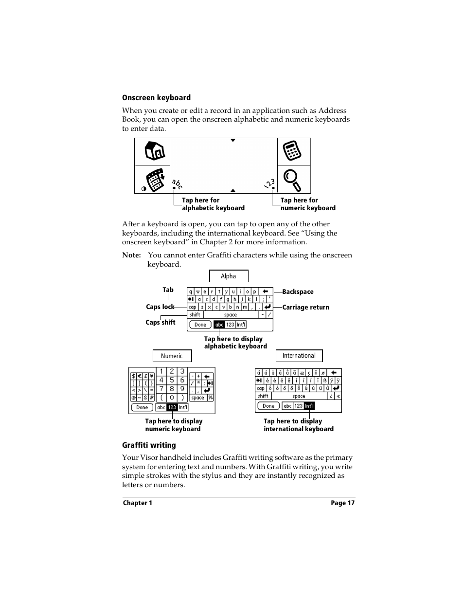 Onscreen keyboard, Graffiti writing | Handspring Visor Deluxe Handheld User Manual | Page 25 / 282