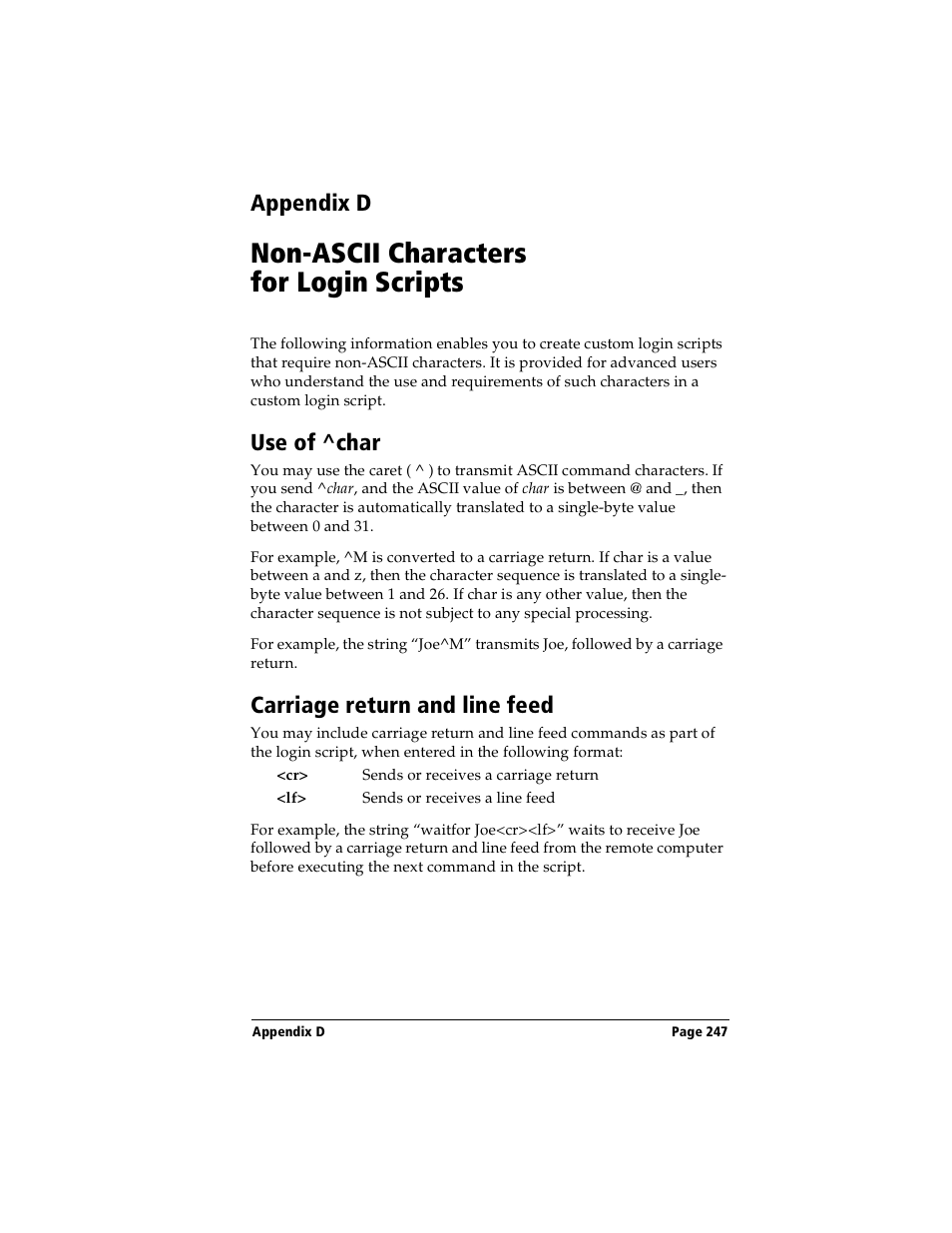 Non-ascii characters for login scripts, Use of ^char, Carriage return and line feed | Appendix d: non-ascii characters for login scripts, Use of ^char carriage return and line feed, Appendix d | Handspring Visor Deluxe Handheld User Manual | Page 255 / 282