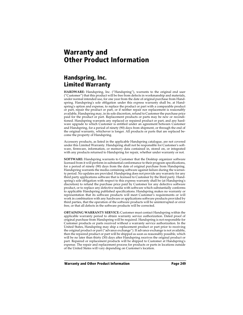 Warranty and other product information, Handspring, inc. limited warranty, Handspring, inc., limited warranty | Handspring Visor Deluxe Handheld User Manual | Page 257 / 282