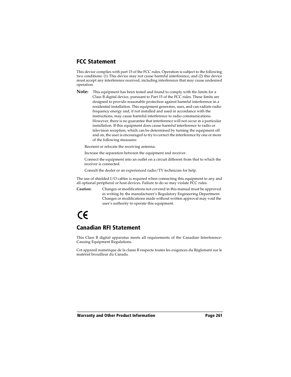 Fcc statement, Canadian rfi statement, Fcc statement canadian rfi statement | Handspring Visor Deluxe Handheld User Manual | Page 269 / 282