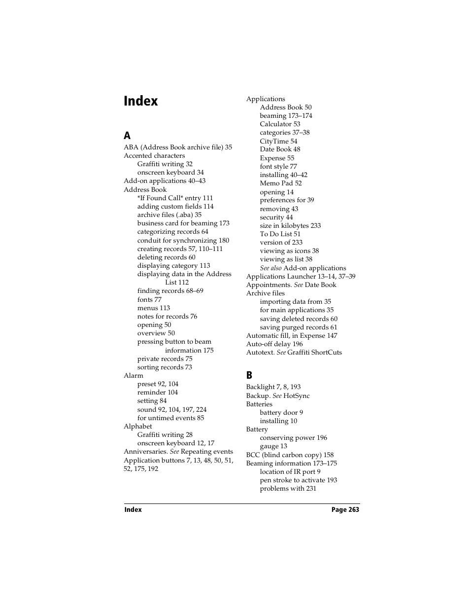 Index | Handspring Visor Deluxe Handheld User Manual | Page 271 / 282